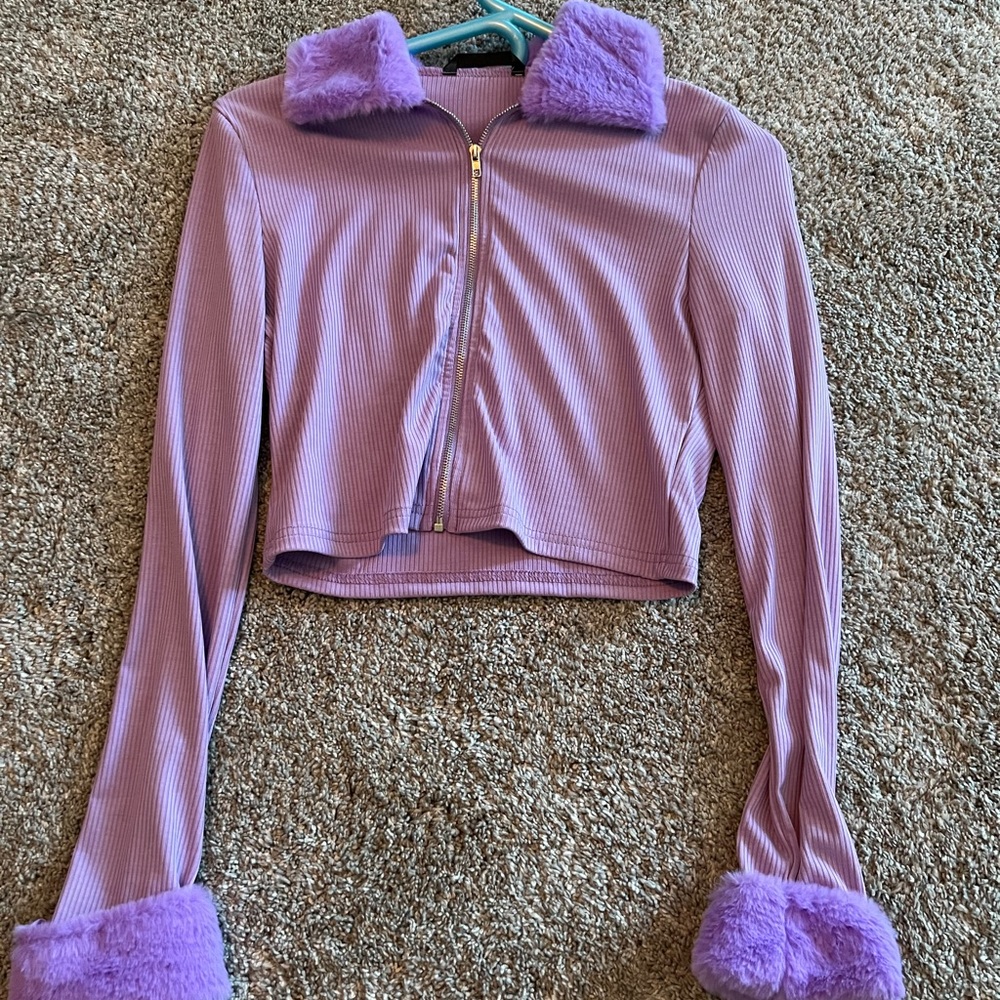 size small purple jacket with furry sleeves and collar from shein
